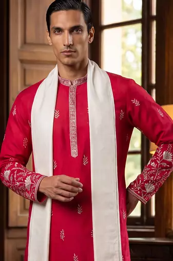 Men pink silk blend solid embroidered straight kurta trouser with dupatta
