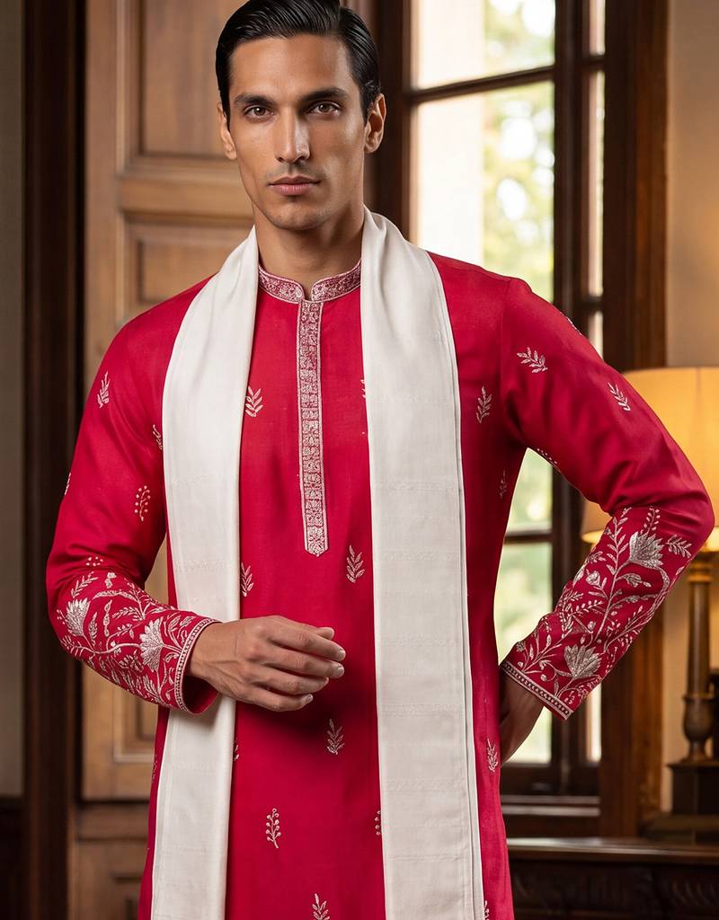 Men pink silk blend solid embroidered straight kurta trouser with dupatta