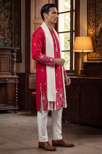 Men pink silk blend solid embroidered straight kurta trouser with dupatta