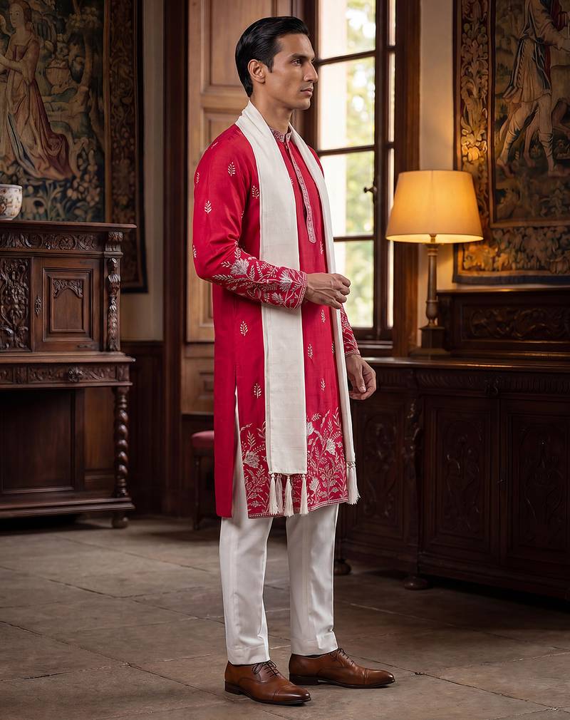 Men pink silk blend solid embroidered straight kurta trouser with dupatta
