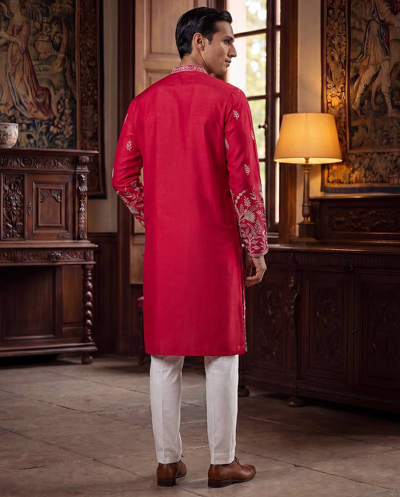 Men pink silk blend solid embroidered straight kurta trouser with dupatta
