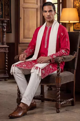 Men pink silk blend solid embroidered straight kurta trouser with dupatta