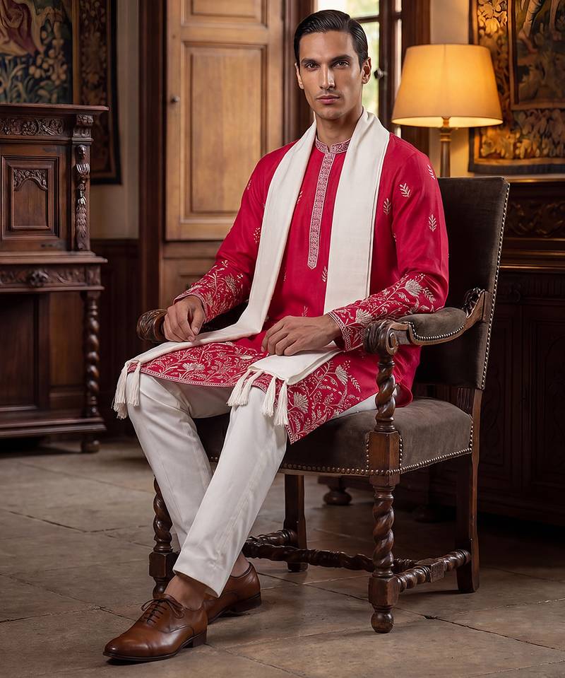 Men pink silk blend solid embroidered straight kurta trouser with dupatta