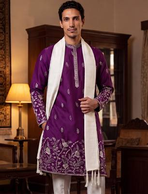 Men purple silk blend solid embroidered straight kurta trouser with dupatta 1