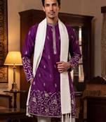 Men purple silk blend solid embroidered straight kurta trouser with dupatta
