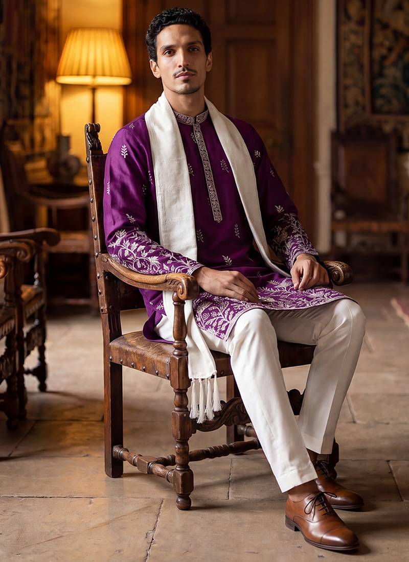 Men purple silk blend solid embroidered straight kurta trouser with dupatta
