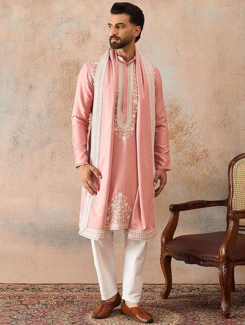 Men pink silk blend solid embroidered straight kurta trouser with dupatta