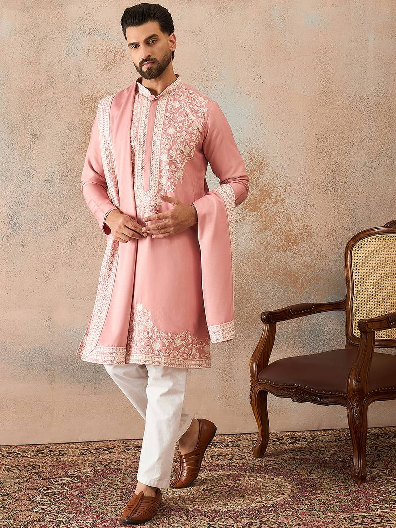 Men pink silk blend solid embroidered straight kurta trouser with dupatta