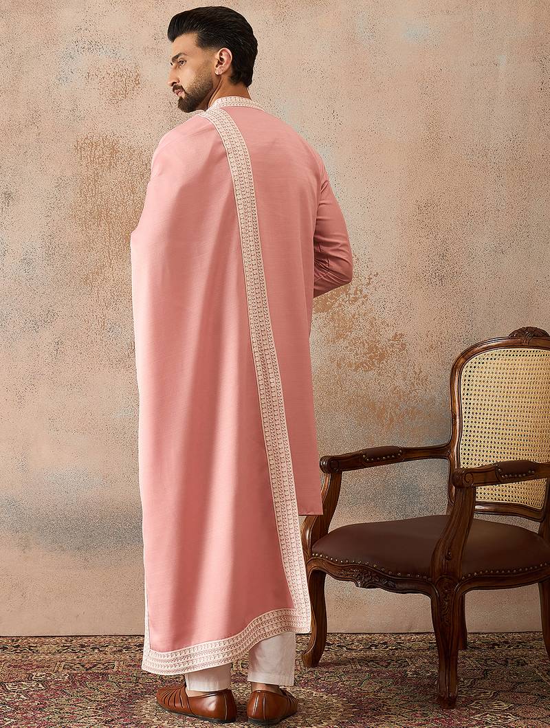 Men pink silk blend solid embroidered straight kurta trouser with dupatta
