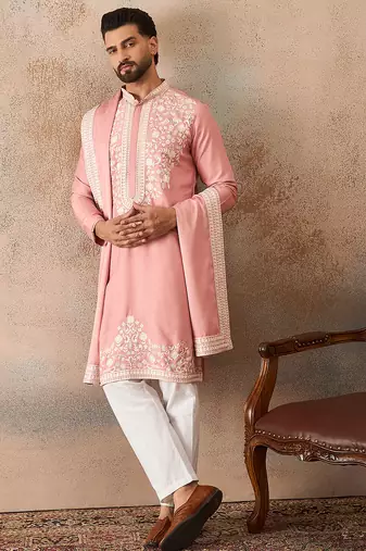 Men pink silk blend solid embroidered straight kurta trouser with dupatta