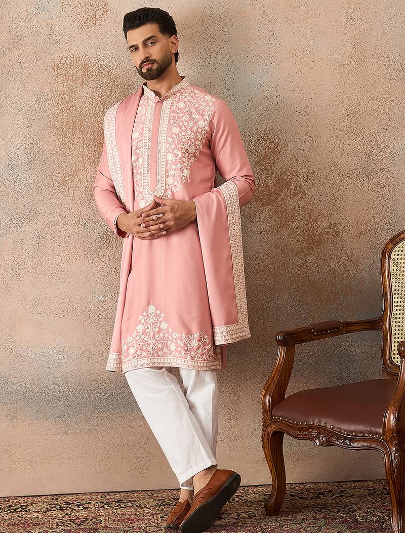Men pink silk blend solid embroidered straight kurta trouser with dupatta