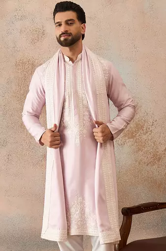 Men lavender silk blend solid embroidered straight kurta trouser with dupatta