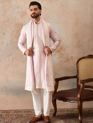 Men lavender silk blend solid embroidered straight kurta trouser with dupatta 2