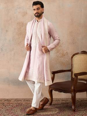 Men lavender silk blend solid embroidered straight kurta trouser with dupatta 3