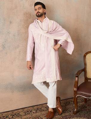 Men lavender silk blend solid embroidered straight kurta trouser with dupatta 5