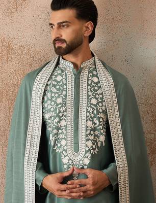 Men green silk blend solid embroidered straight kurta trouser with dupatta 1