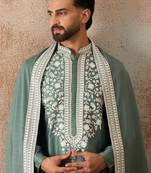 Men green silk blend solid embroidered straight kurta trouser with dupatta