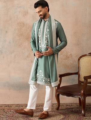 Men green silk blend solid embroidered straight kurta trouser with dupatta 3
