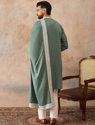 Men green silk blend solid embroidered straight kurta trouser with dupatta 4