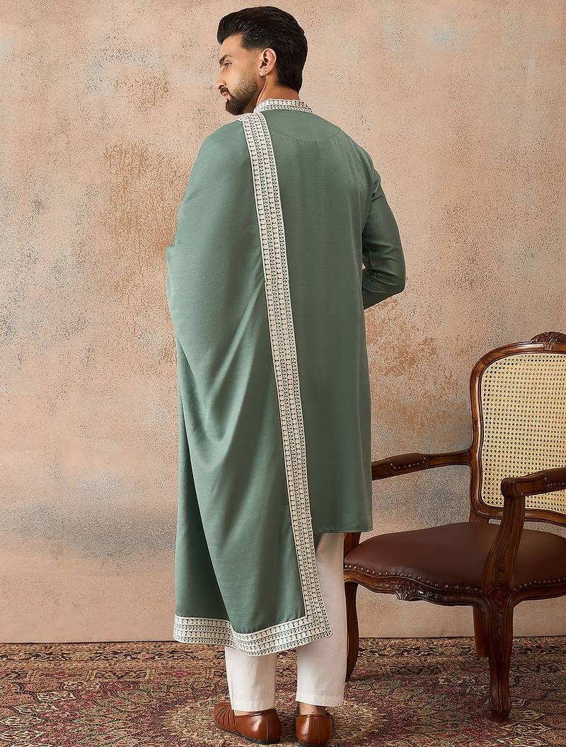 Men green silk blend solid embroidered straight kurta trouser with dupatta