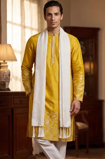 Men yellow chanderi silk solid embroidered straight kurta with dupatta