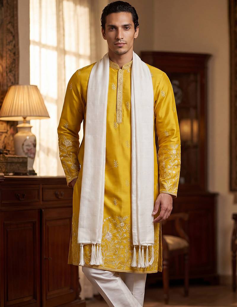 Men yellow chanderi silk solid embroidered straight kurta with dupatta