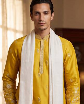 Men yellow chanderi silk solid embroidered straight kurta with dupatta 2