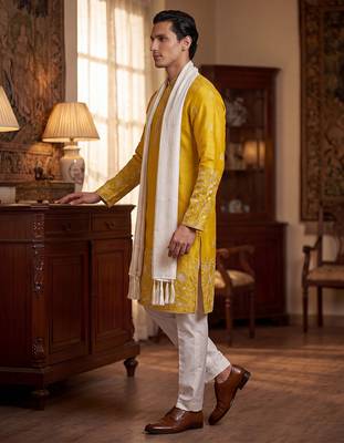 Men yellow chanderi silk solid embroidered straight kurta with dupatta 3