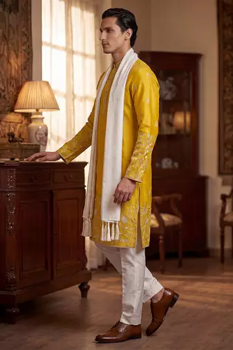 Men yellow chanderi silk solid embroidered straight kurta with dupatta