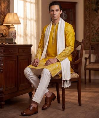 Men yellow chanderi silk solid embroidered straight kurta with dupatta 5