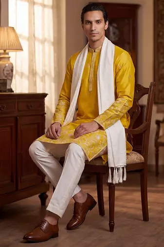 Men yellow chanderi silk solid embroidered straight kurta with dupatta