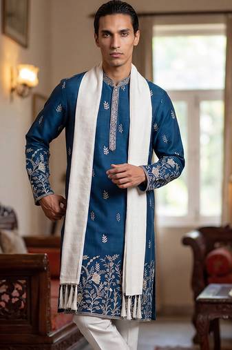 Men blue chanderi silk solid embroidered straight kurta with dupatta