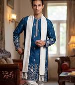 Men blue chanderi silk solid embroidered straight kurta with dupatta