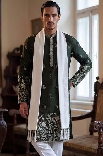 Men olive chanderi silk solid embroidered straight kurta with dupatta