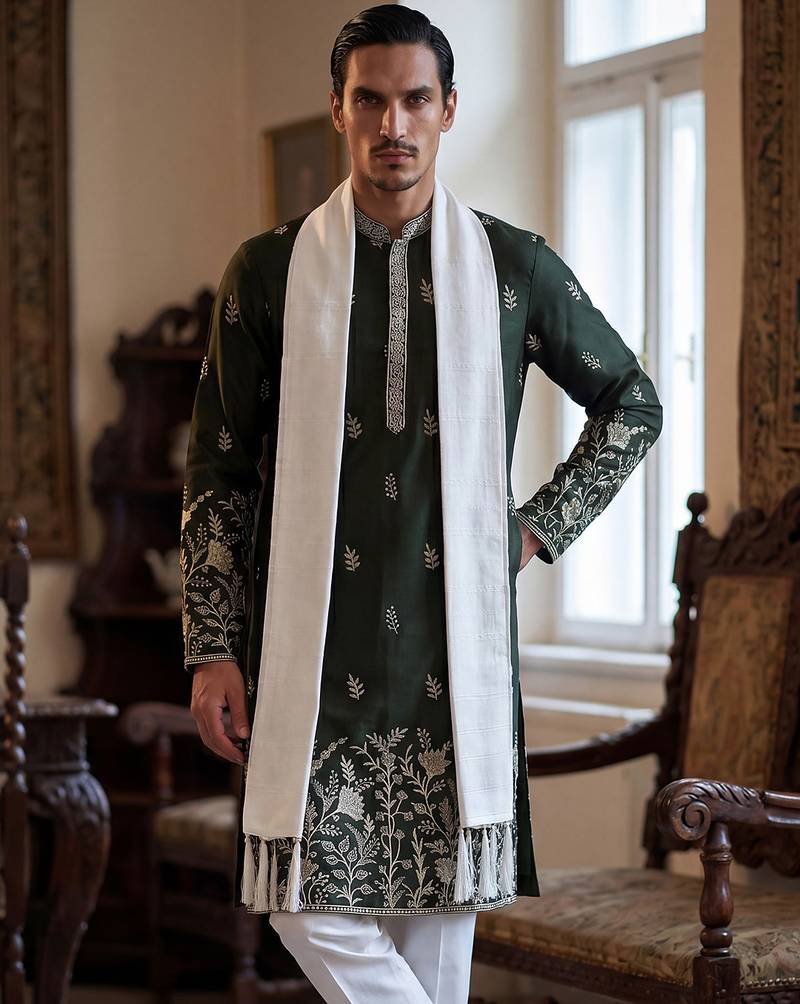 Men olive chanderi silk solid embroidered straight kurta with dupatta