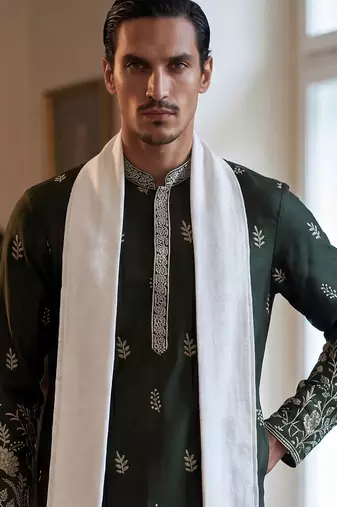 Men olive chanderi silk solid embroidered straight kurta with dupatta