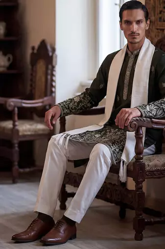 Men olive chanderi silk solid embroidered straight kurta with dupatta