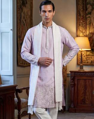 Men lavender silk blend floral embroidered straight kurta with dupatta 1