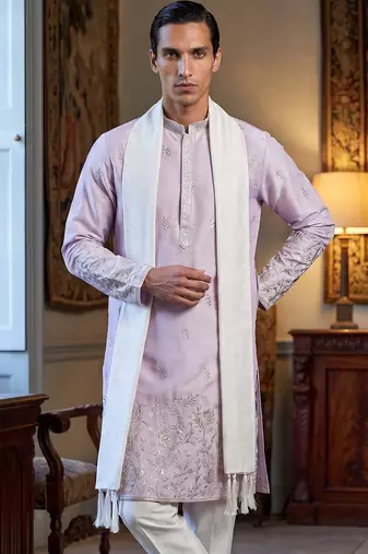 Men lavender silk blend floral embroidered straight kurta with dupatta