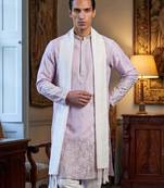Men lavender silk blend floral embroidered straight kurta with dupatta