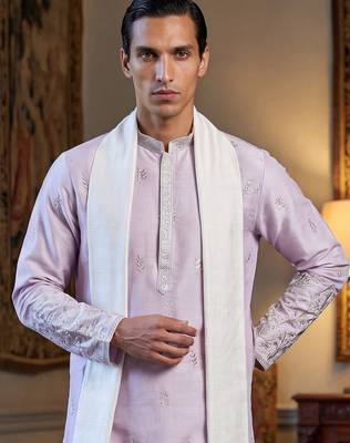 Men lavender silk blend floral embroidered straight kurta with dupatta 2