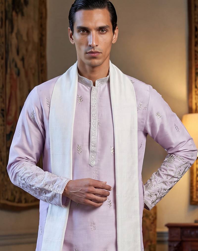 Men lavender silk blend floral embroidered straight kurta with dupatta