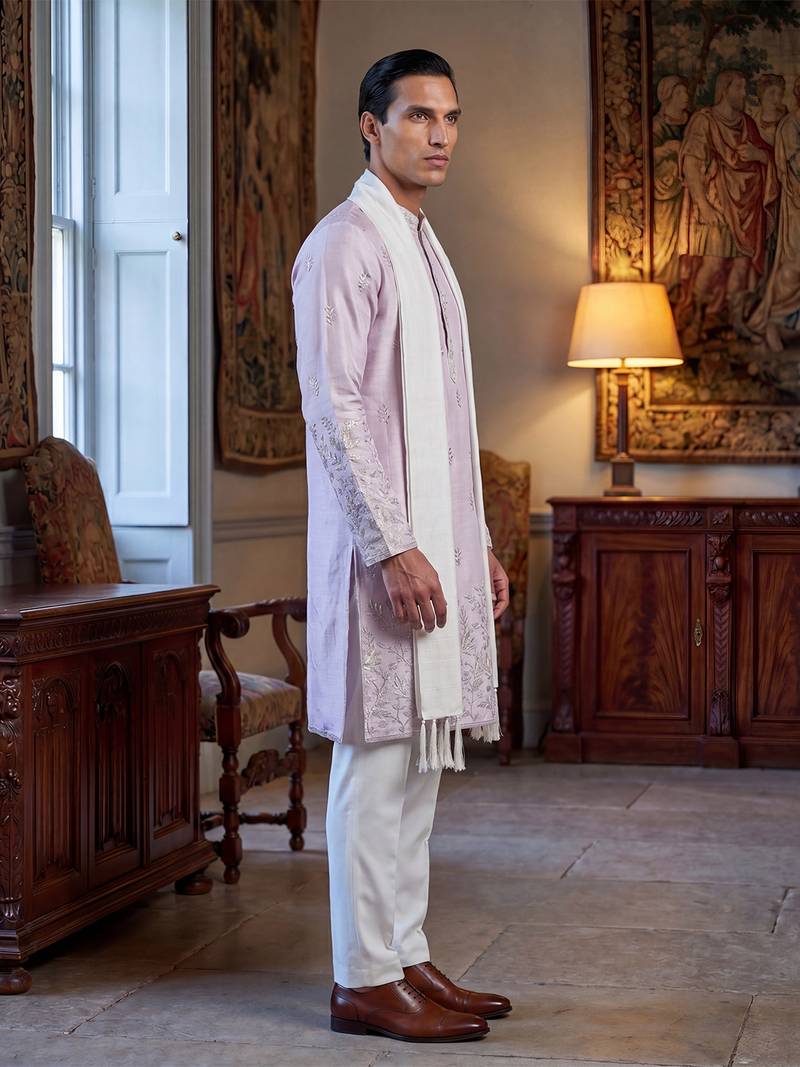 Men lavender silk blend floral embroidered straight kurta with dupatta