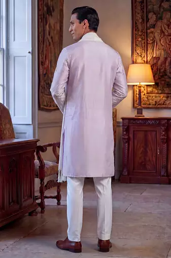 Men lavender silk blend floral embroidered straight kurta with dupatta