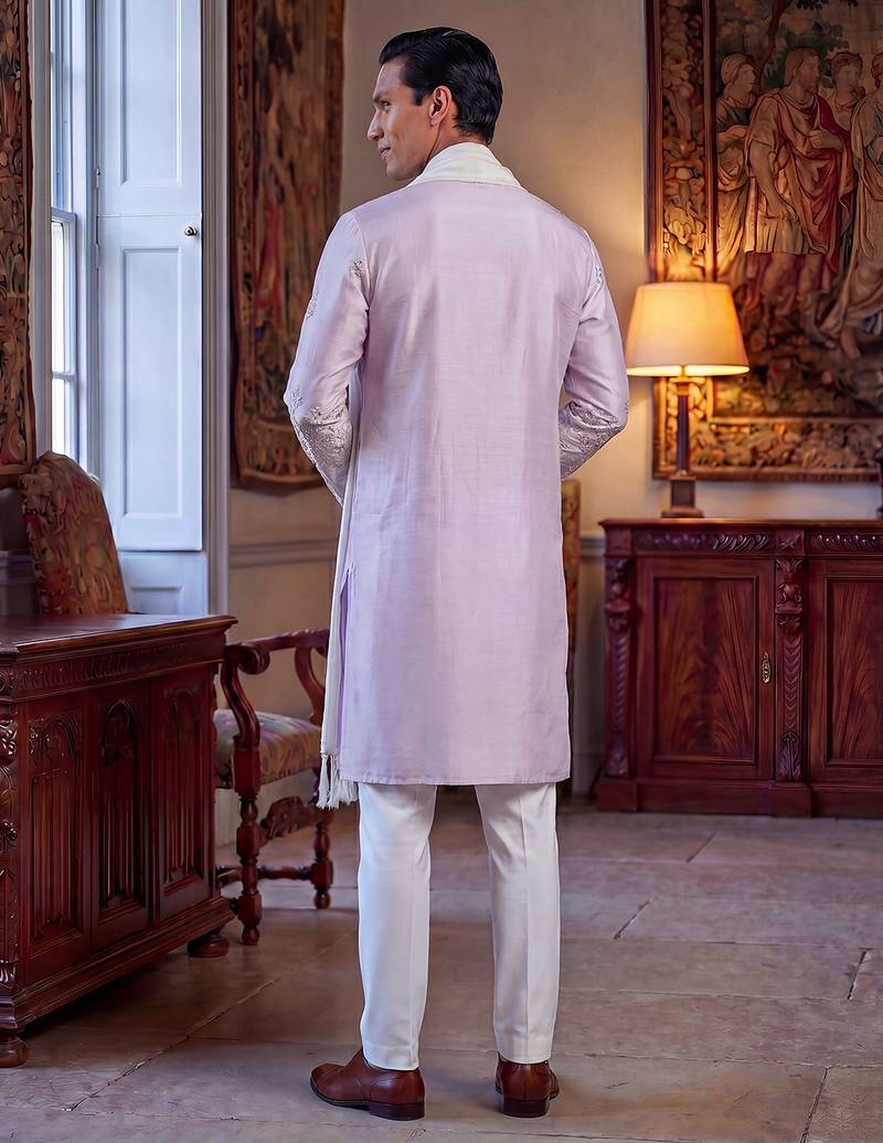 Men lavender silk blend floral embroidered straight kurta with dupatta