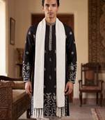 Men black silk blend solid embroidered straight kurta with dupatta