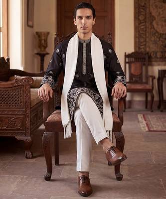 Men black silk blend solid embroidered straight kurta with dupatta 5