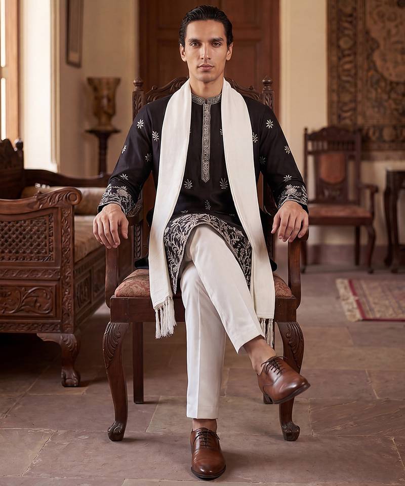 Men black silk blend solid embroidered straight kurta with dupatta