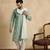 Men green silk blend solid embroidered straight kurta with dupatta