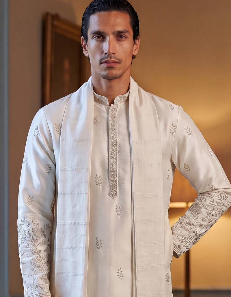 Men white silk blend floral embroidered straight kurta with dupatta
